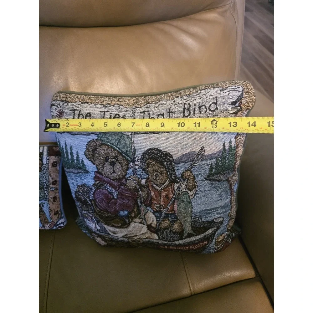 Boyds Bears & Friends Tapestry Throw Pillow Set Fishing Lake Cabin Decor USA